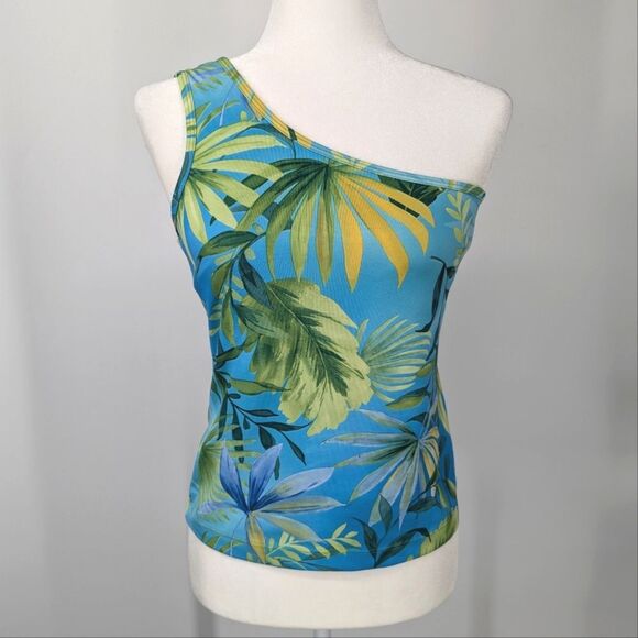 Vintage Y2K No Boundaries One Shoulder Hawaiian Tropical Floral Top Medium - Picture 1 of 6